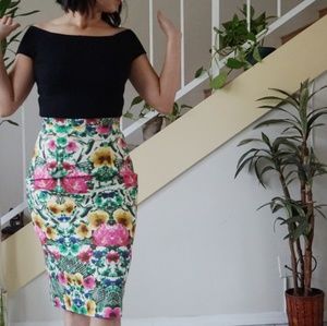 Floral print  high waist skirt with hummingbirds